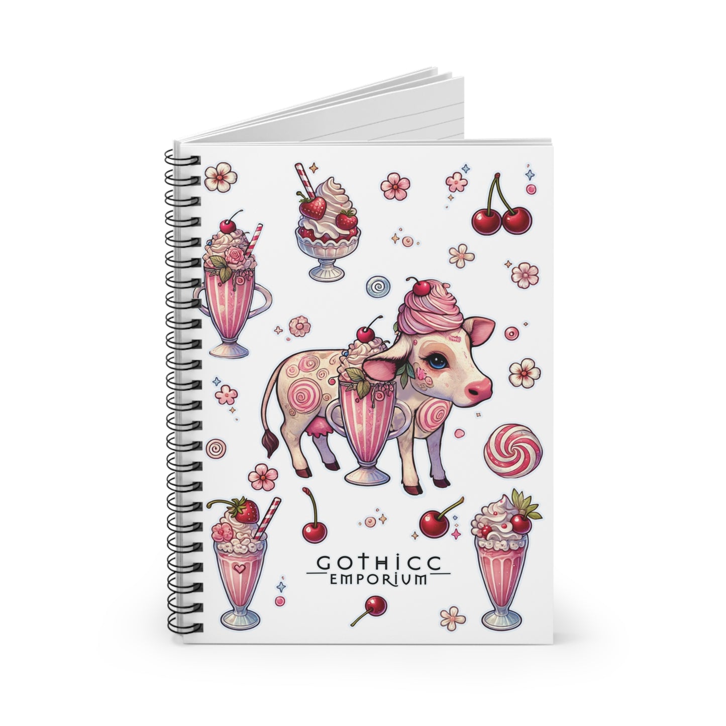 “Milkshake Cow” Spiral Notebook – Ruled Line in White — thick thoughts, creamy chaos, and pages full of attitude 🐄📓🍓🖤