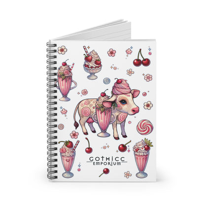 “Milkshake Cow” Spiral Notebook – Ruled Line in White — thick thoughts, creamy chaos, and pages full of attitude 🐄📓🍓🖤