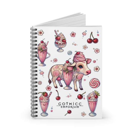 “Milkshake Cow” Spiral Notebook – Ruled Line in White — thick thoughts, creamy chaos, and pages full of attitude 🐄📓🍓🖤