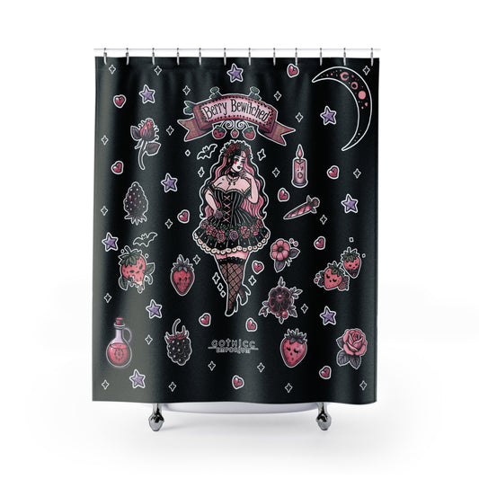“Berry Bewitched” Shower Curtain – Black — sweet spells & cursed cravings 🍓🔮🖤🚿