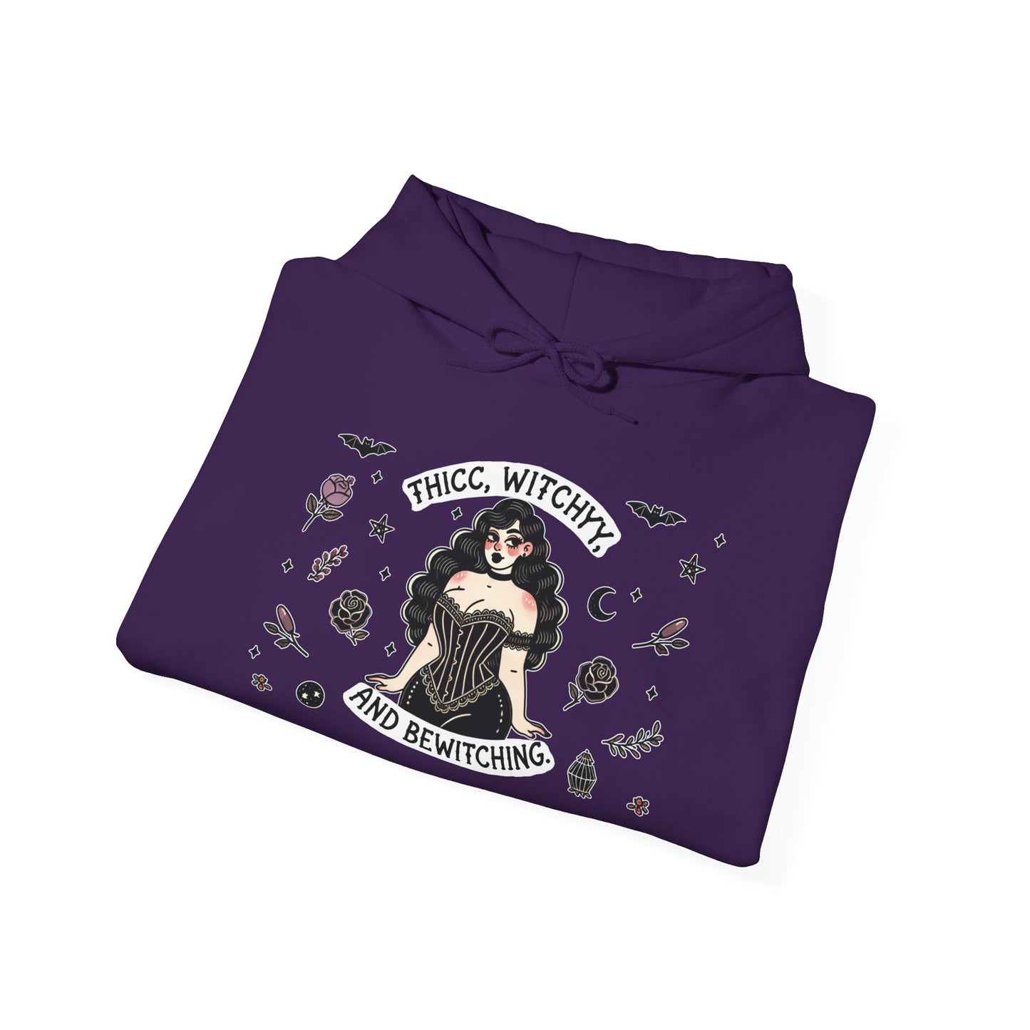 🔮“Thicc Witchyy” Unisex Heavy Blend™ Hooded Sweatshirt — curvy, cursed, and casting chaos 🖤🕯️🌙✨