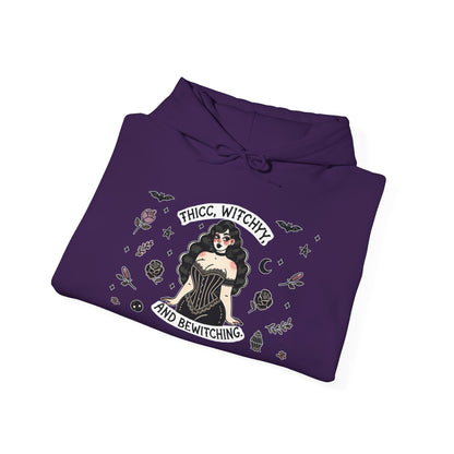 🔮“Thicc Witchyy” Unisex Heavy Blend™ Hooded Sweatshirt — curvy, cursed, and casting chaos 🖤🕯️🌙✨