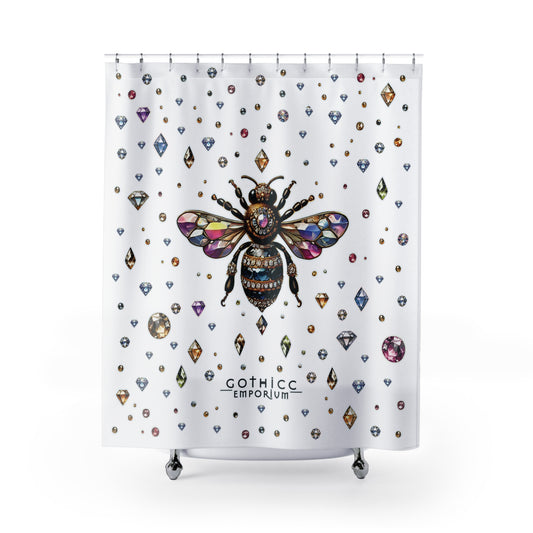 “BEEJEWEL” Shower Curtain – White — buzzworthy beauty with a hex appeal 🐝💎🚿🖤