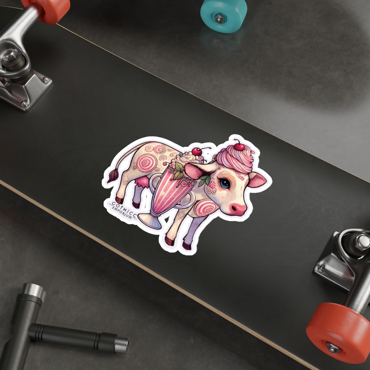“Milkshake Cow” Die-Cut Vinyl Sticker — udderly unhinged and cute to curse 🐄🍓🖤