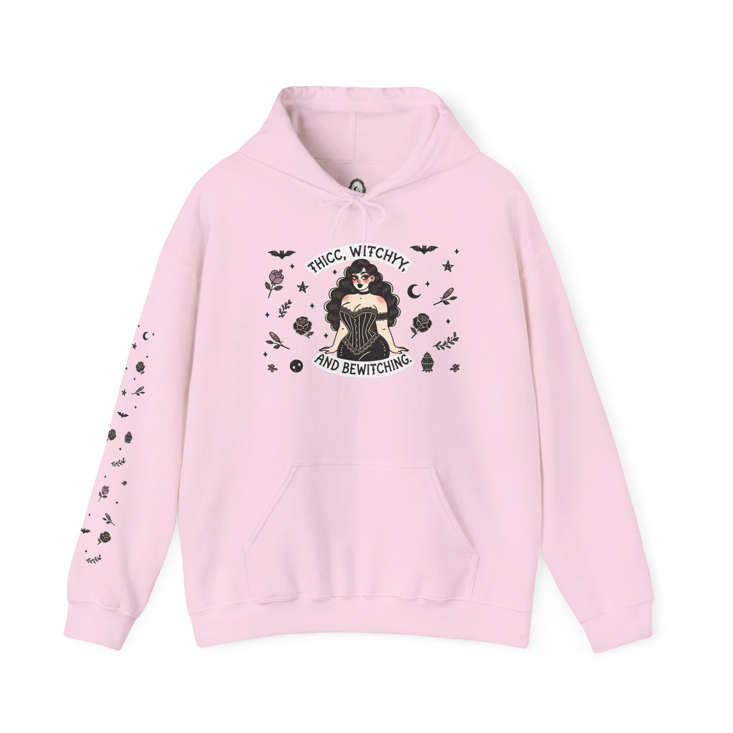 🔮“Thicc Witchyy” Unisex Heavy Blend™ Hooded Sweatshirt — curvy, cursed, and casting chaos 🖤🕯️🌙✨