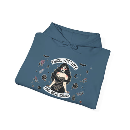 🔮“Thicc Witchyy” Unisex Heavy Blend™ Hooded Sweatshirt — curvy, cursed, and casting chaos 🖤🕯️🌙✨