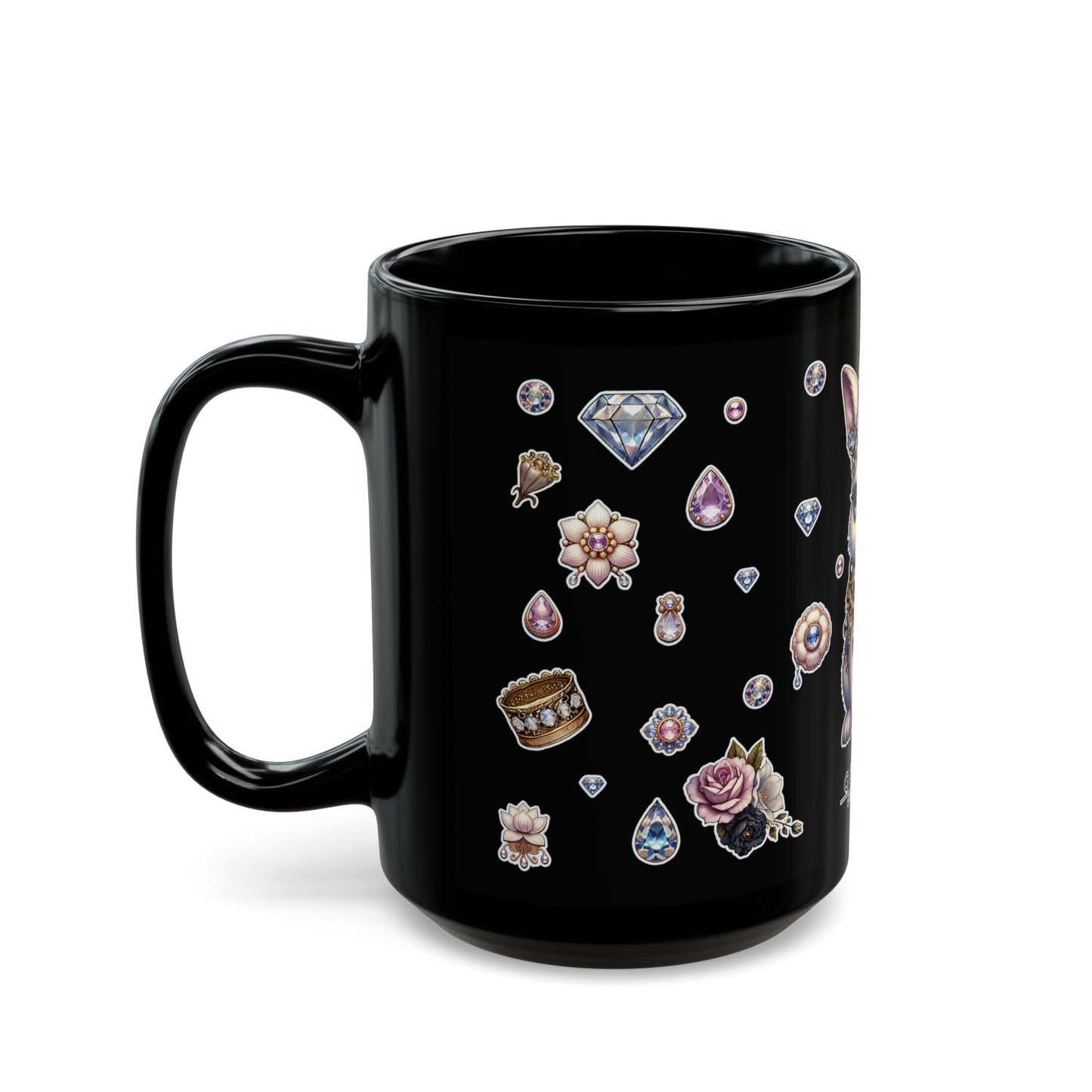 “Jeweled Bunny” Black Mug – 11oz & 15oz — sweet sips with sharp sparkle 🐰💅💎🖤