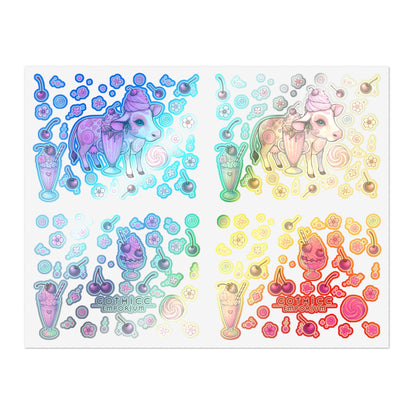 “Milkshake Cow” Holographic Sticker Sheet – 11x8.5 — dairy-core chaos in full sparkle mode 🐄🍓🌈