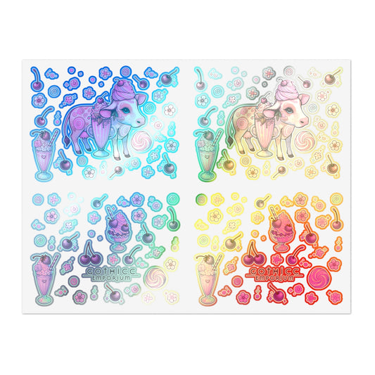 “Milkshake Cow” Holographic Sticker Sheet – 11x8.5 — dairy-core chaos in full sparkle mode 🐄🍓🌈