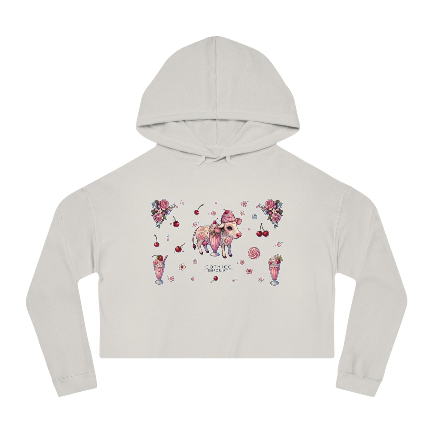 🍓“Milkshake Cow” Cropped Hooded Sweatshirt — thick-cut charm with a mooo-dy twist 🐄🥤🖤✨