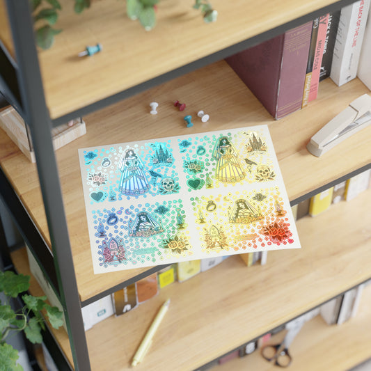 “Bride” Holographic Sticker Sheet – 11x8.5 — spooky shimmer for your wifey era 💍👰‍♀️🖤🌈