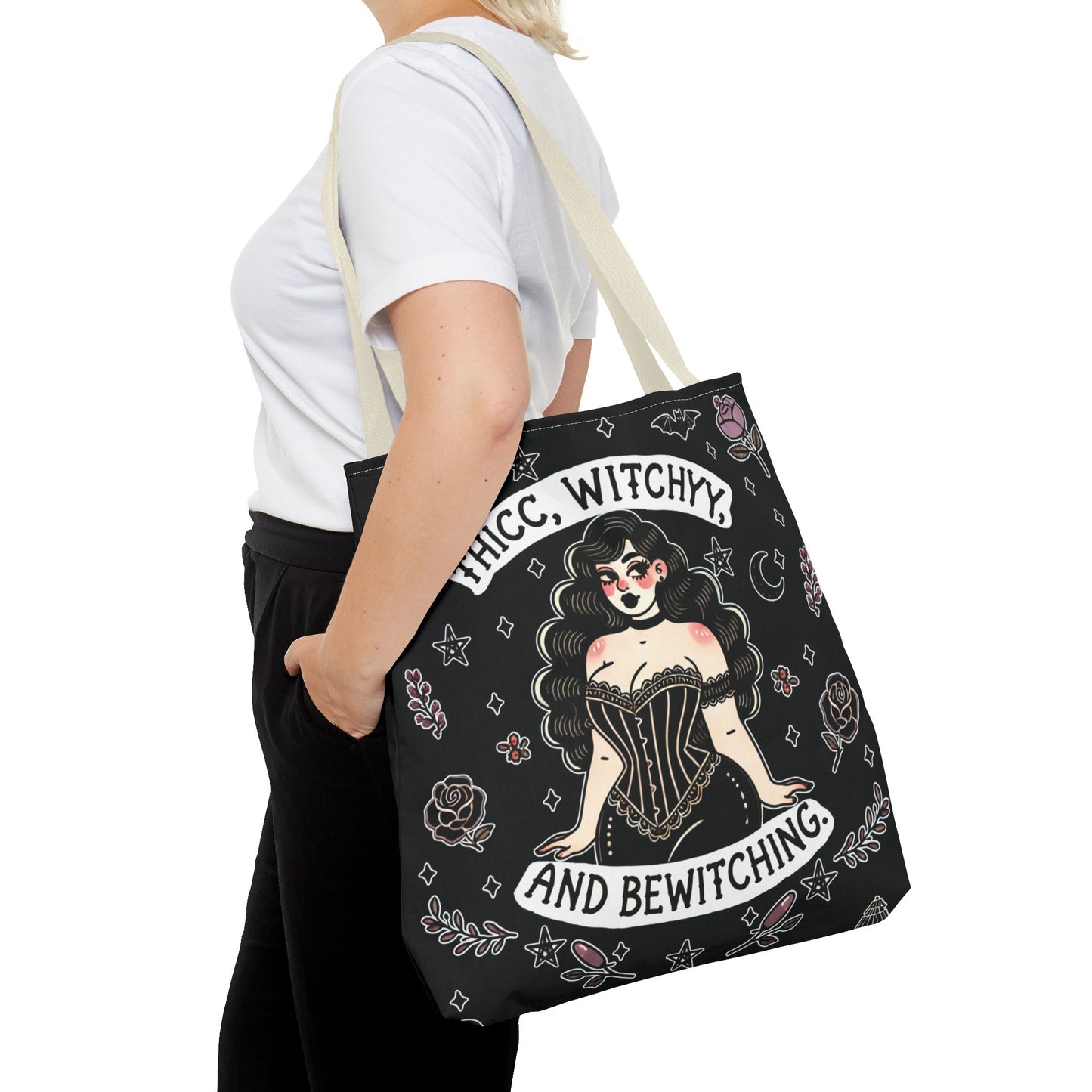 🧹 “Thicc Witchyy” Tote Bag – Black (18x18)