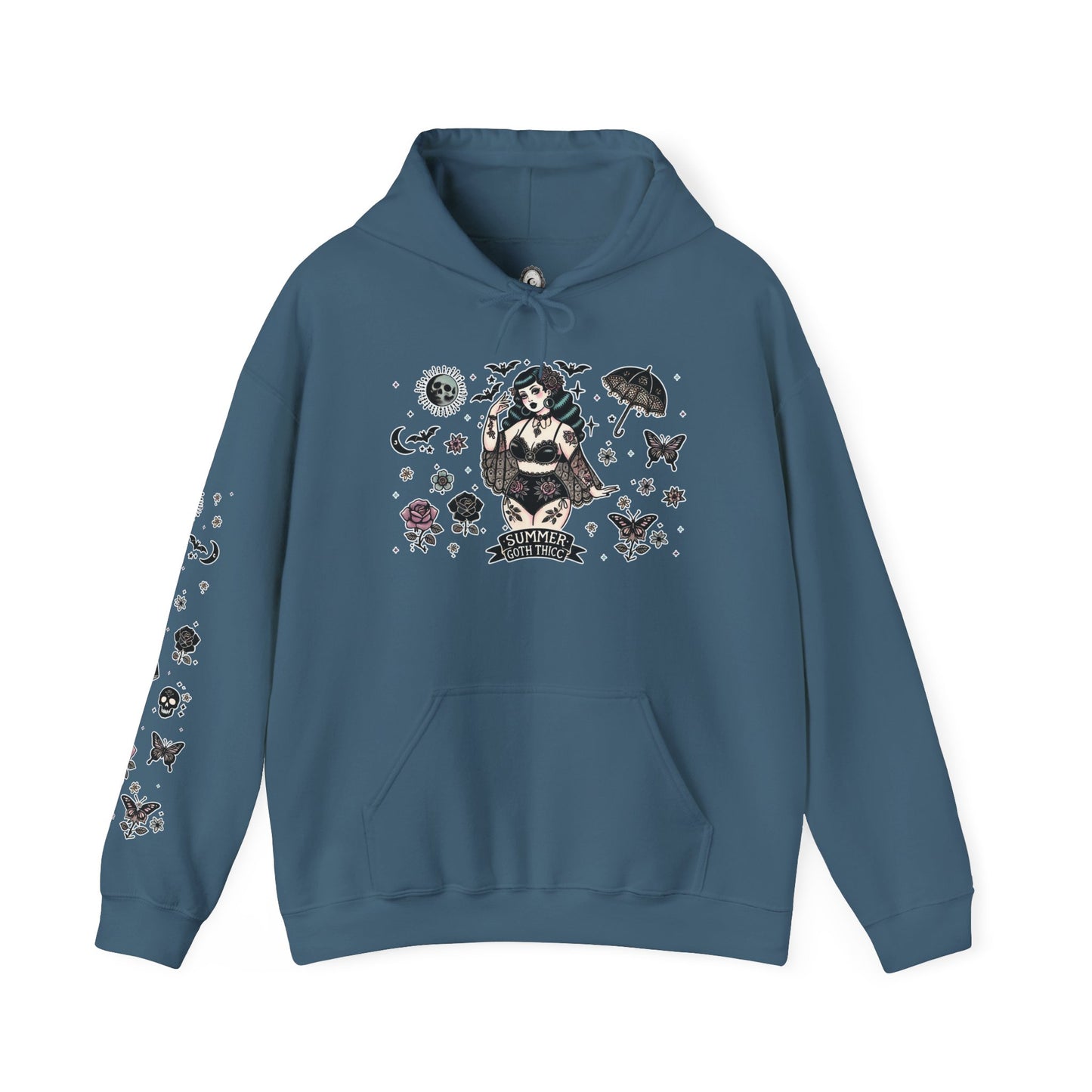 🕷️“Summer Goth Thicc” Unisex Heavy Blend™ Hooded Sweatshirt — hot, haunted, and too bold to melt 🖤🌞🕶️🕷️