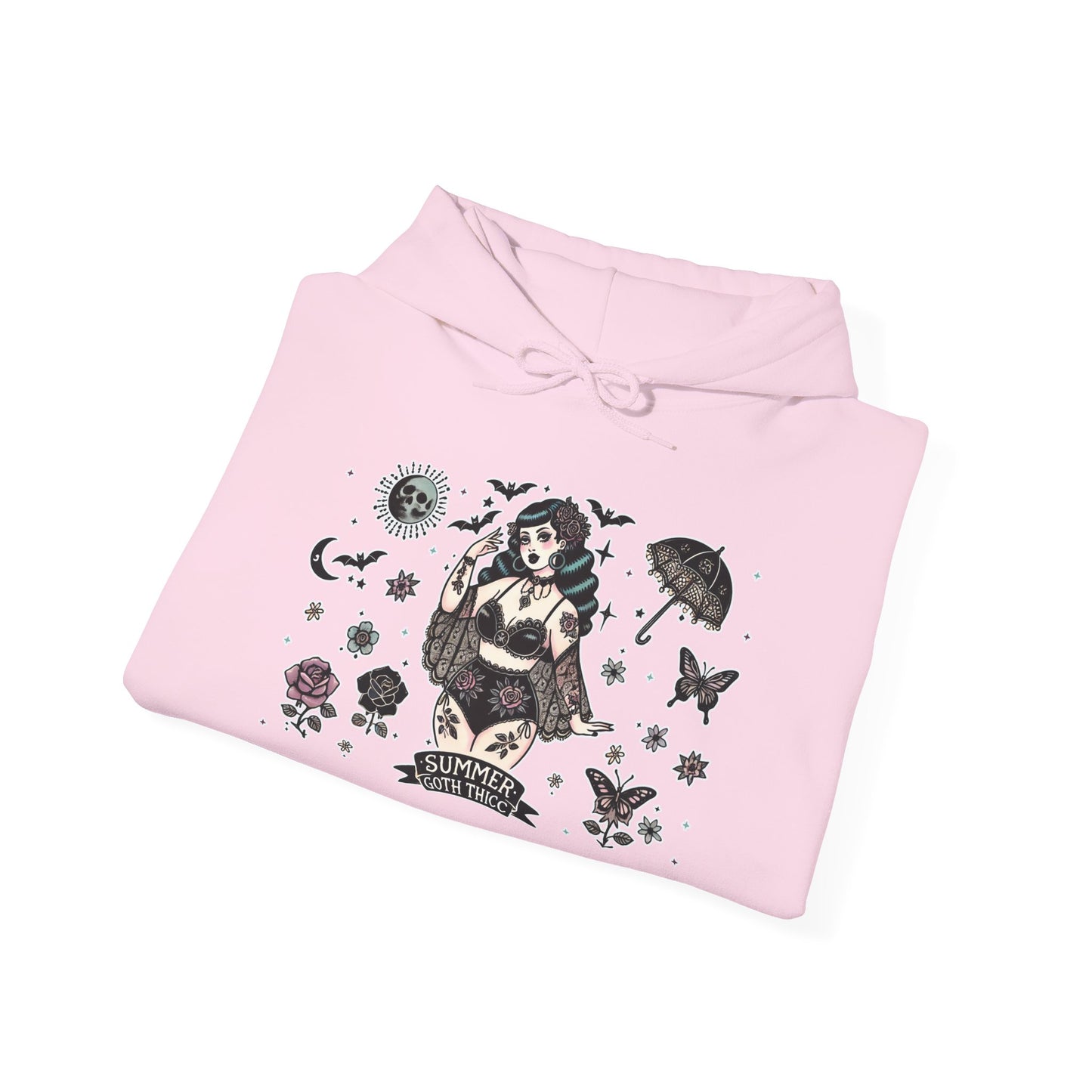 🕷️“Summer Goth Thicc” Unisex Heavy Blend™ Hooded Sweatshirt — hot, haunted, and too bold to melt 🖤🌞🕶️🕷️