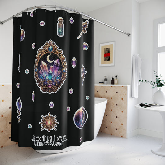 💎“Crystal Gem” Shower Curtain in Black — sacred sparkle, bathroom witchery, and moody glam 💎🖤🚿✨