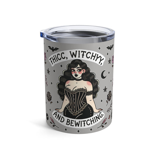 “Thicc Witchyy” Tumbler – 10oz in grey — brewed bold, served hot, and built for curves & curses 🧹🔥🖤✨
