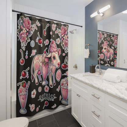 “Milkshake Cow” Shower Curtain in Black — dairy drama, bathroom glam, and curves that cling 🐄🥤🛁✨