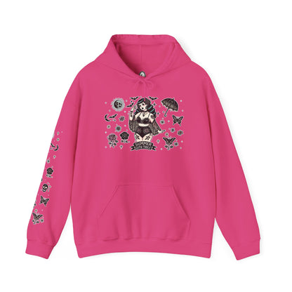 🕷️“Summer Goth Thicc” Unisex Heavy Blend™ Hooded Sweatshirt — hot, haunted, and too bold to melt 🖤🌞🕶️🕷️