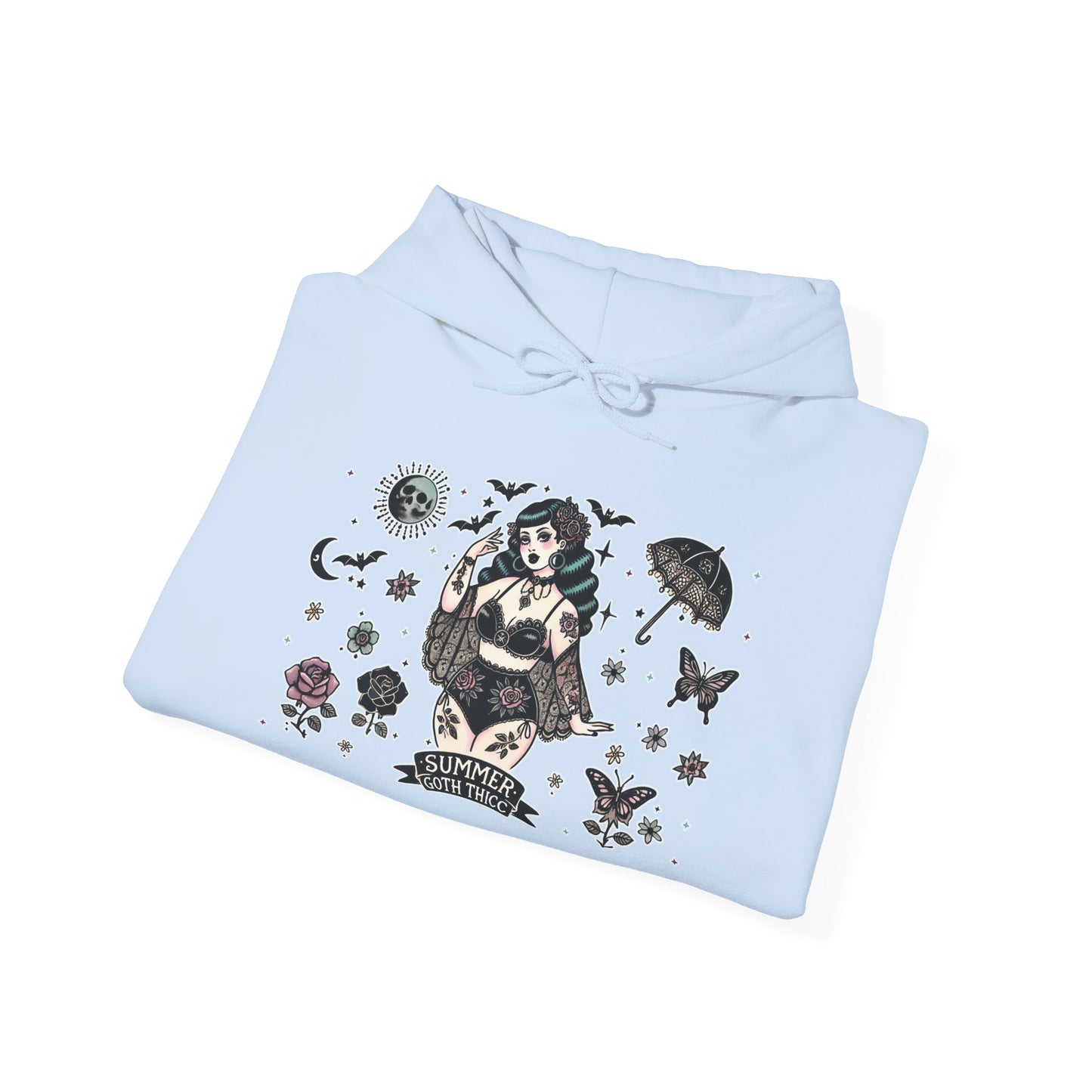 🕷️“Summer Goth Thicc” Unisex Heavy Blend™ Hooded Sweatshirt — hot, haunted, and too bold to melt 🖤🌞🕶️🕷️