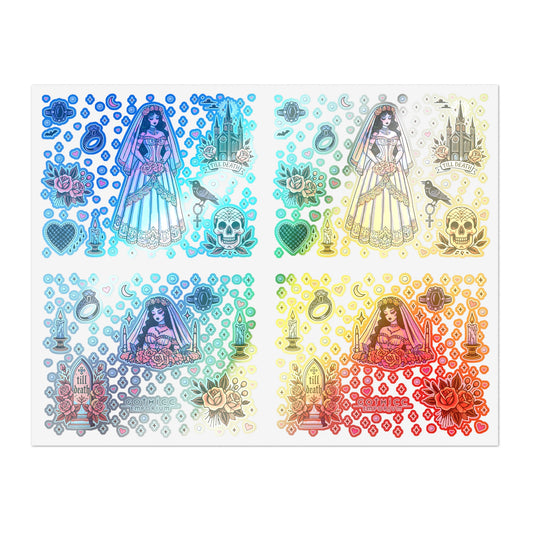 “Bride” Holographic Sticker Sheet – 11x8.5 — spooky shimmer for your wifey era 💍👰‍♀️🖤🌈