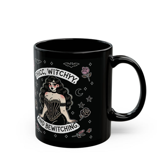 “Thicc Witchyy” Black Mug – 11oz & 15oz — brewed hot, served hexed, and thick with power 🖤🔥🧙‍♀️☕