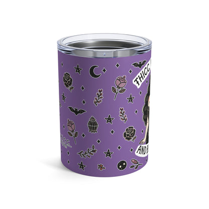 “Thicc Witchyy” Tumbler – 10oz in purple — brewed bold, served hot, and built for curves & curses 🧹🔥🖤✨