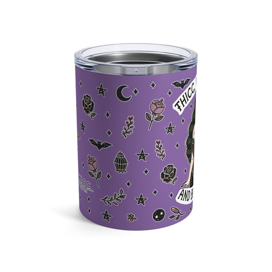 “Thicc Witchyy” Tumbler – 10oz in purple — brewed bold, served hot, and built for curves & curses 🧹🔥🖤✨