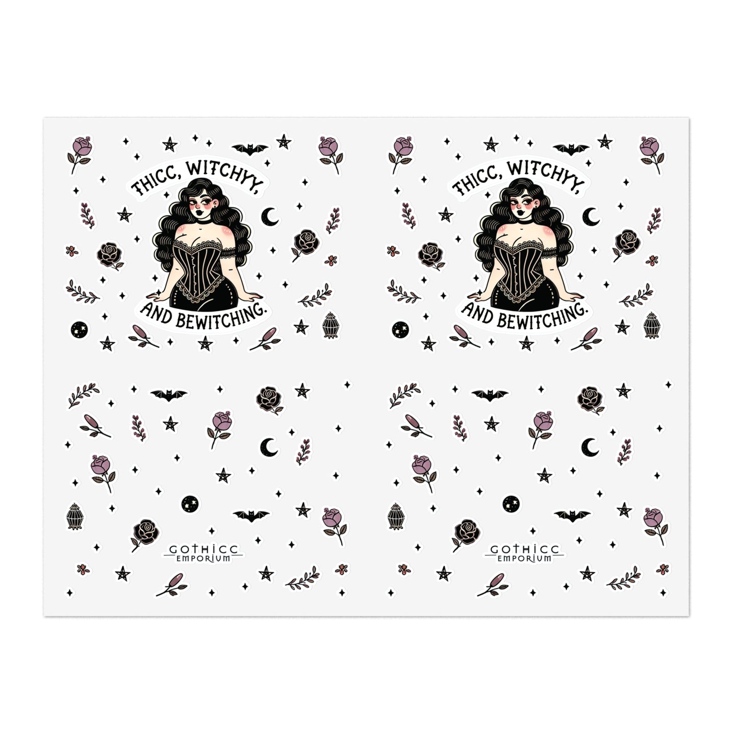 “Thicc Witchyy” Sticker Sheet – 11x8.5 — curvy, cursed, and casting spells in style 🔮🖤🌙🍑