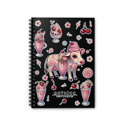 “Milkshake Cow” Spiral Notebook – Ruled Line in Black — thick thoughts, creamy chaos, and pages full of attitude 🐄📓🍓🖤