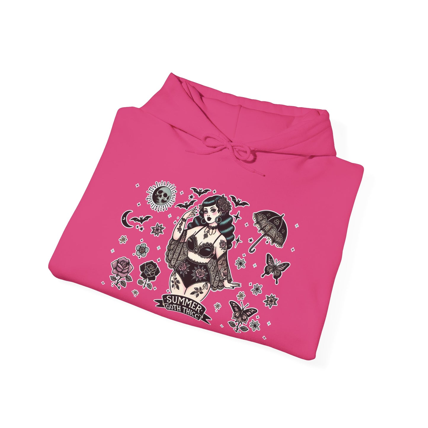 🕷️“Summer Goth Thicc” Unisex Heavy Blend™ Hooded Sweatshirt — hot, haunted, and too bold to melt 🖤🌞🕶️🕷️
