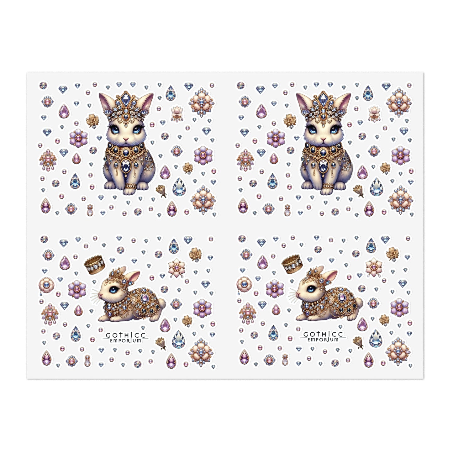 “Jeweled Bunny” Sticker Sheet – 11x8.5 — sparkly, sly, and dangerously adorable 🐰💎🖤✨