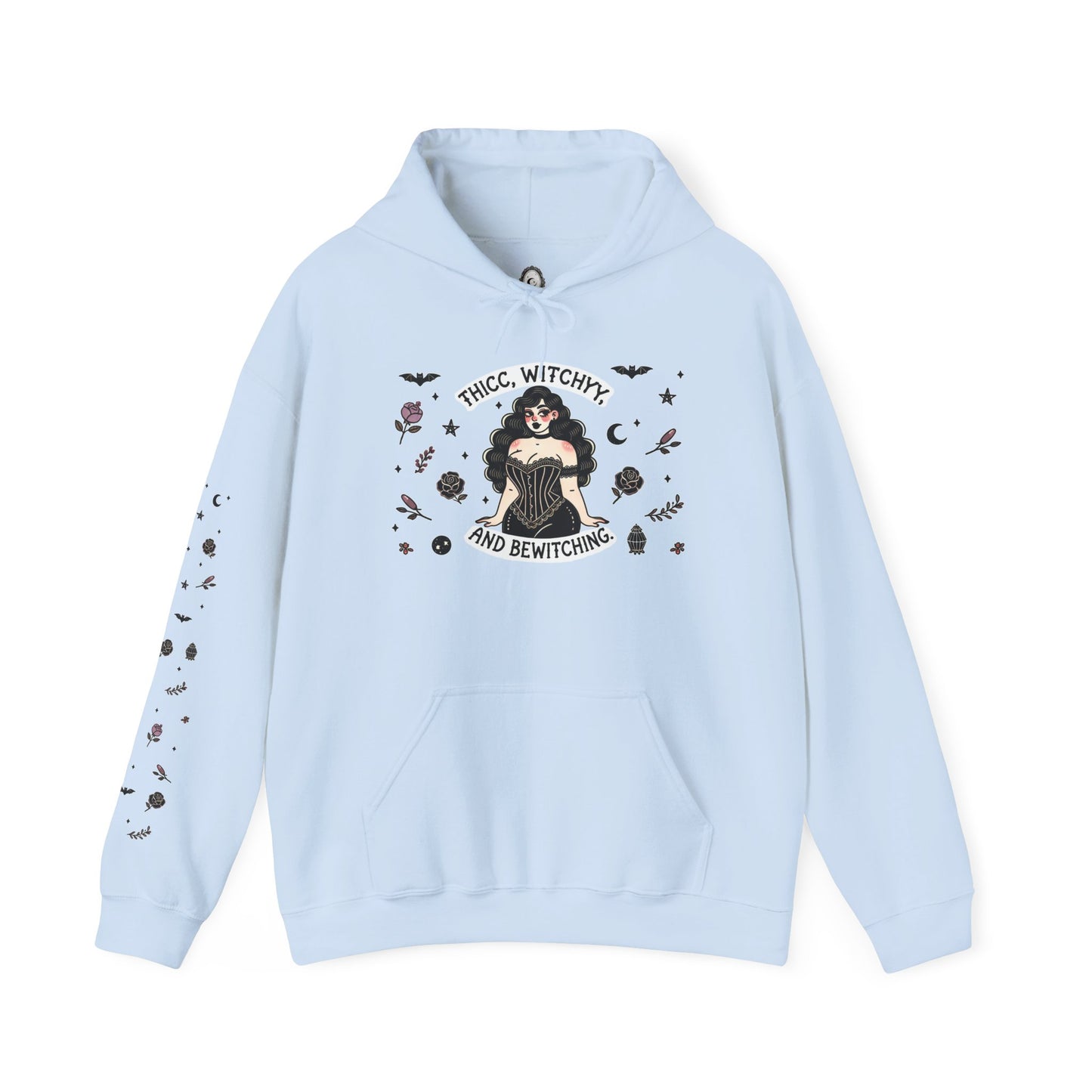 🔮“Thicc Witchyy” Unisex Heavy Blend™ Hooded Sweatshirt — curvy, cursed, and casting chaos 🖤🕯️🌙✨