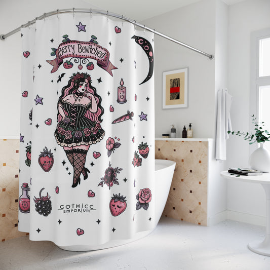“Berry Bewitched” Shower Curtain – White — sweet spells & cursed cravings 🍓🔮🖤🚿