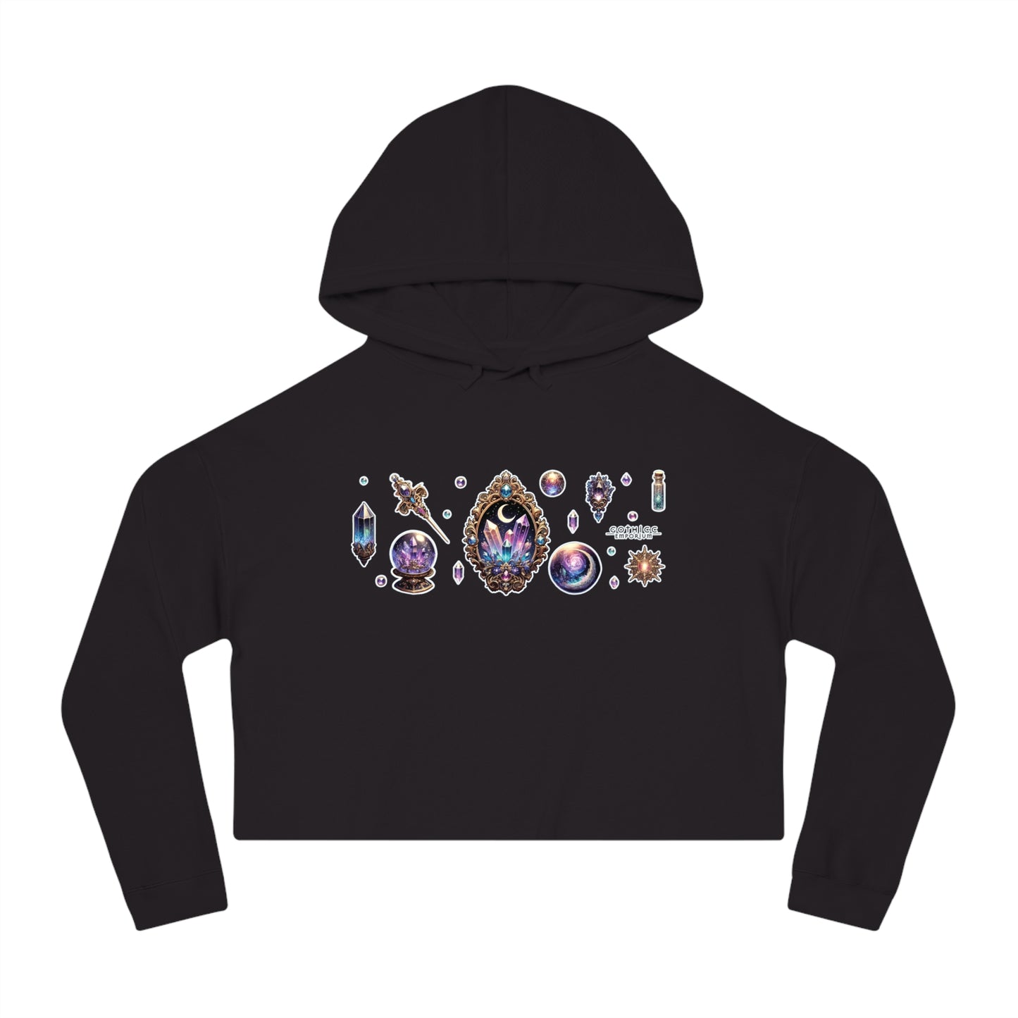🔮 “Crystal Gem” Cropped Hooded Sweatshirt — glowing, grounded, and glam in every layer 💎🌙🖤✨