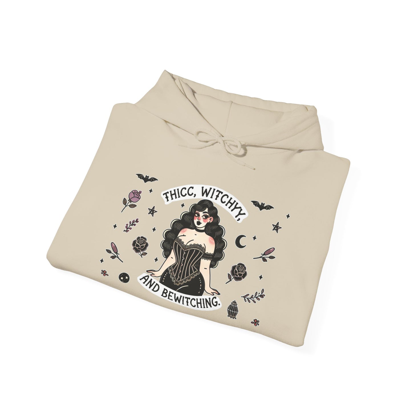 🔮“Thicc Witchyy” Unisex Heavy Blend™ Hooded Sweatshirt — curvy, cursed, and casting chaos 🖤🕯️🌙✨