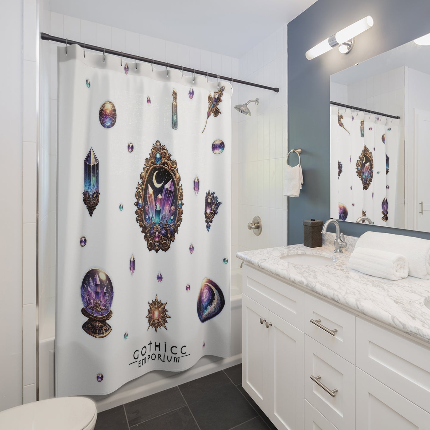 “Crystal Gem” Shower Curtain in White — sacred sparkle, bathroom witchery, and moody glam 💎🖤🚿✨