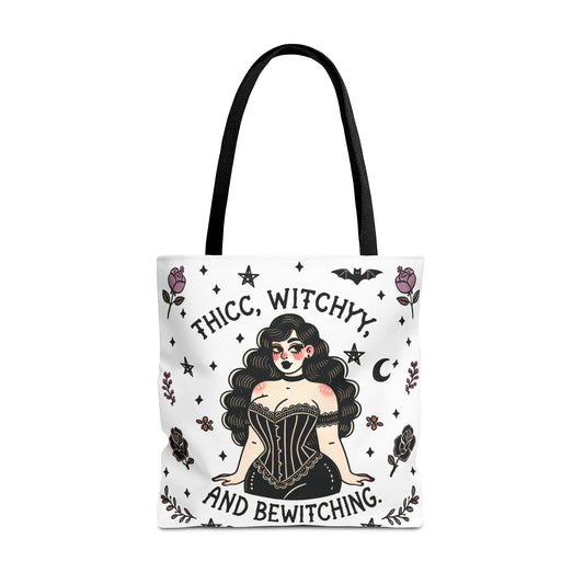 🧹 “Thicc Witchyy” Tote Bag – White (18x18)