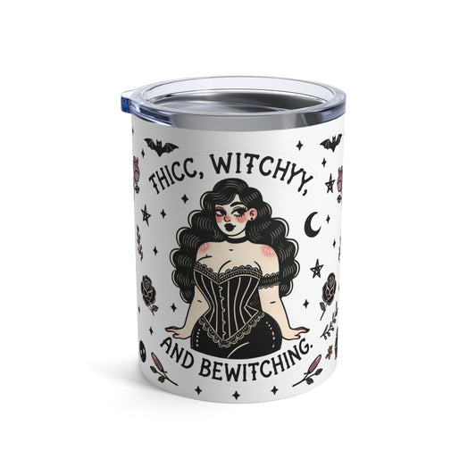 “Thicc Witchyy” Tumbler – 10oz white — brewed bold, served hot, and built for curves & curses 🧹🔥🖤✨