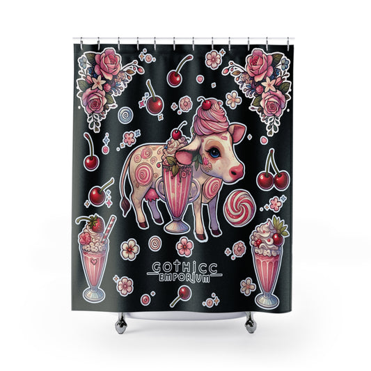 “Milkshake Cow” Shower Curtain in Black — dairy drama, bathroom glam, and curves that cling 🐄🥤🛁✨