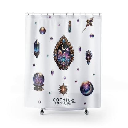 “Crystal Gem” Shower Curtain in White — sacred sparkle, bathroom witchery, and moody glam 💎🖤🚿✨