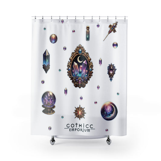 “Crystal Gem” Shower Curtain in White — sacred sparkle, bathroom witchery, and moody glam 💎🖤🚿✨