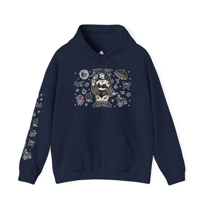 🕷️“Summer Goth Thicc” Unisex Heavy Blend™ Hooded Sweatshirt — hot, haunted, and too bold to melt 🖤🌞🕶️🕷️