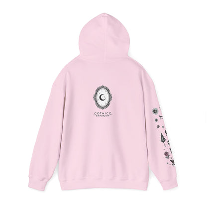 🕷️“Summer Goth Thicc” Unisex Heavy Blend™ Hooded Sweatshirt — hot, haunted, and too bold to melt 🖤🌞🕶️🕷️