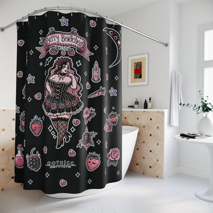 “Berry Bewitched” Shower Curtain – Black — sweet spells & cursed cravings 🍓🔮🖤🚿