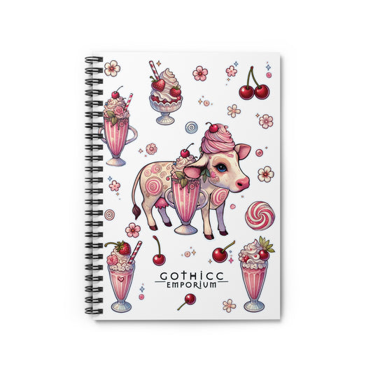 “Milkshake Cow” Spiral Notebook – Ruled Line in White — thick thoughts, creamy chaos, and pages full of attitude 🐄📓🍓🖤