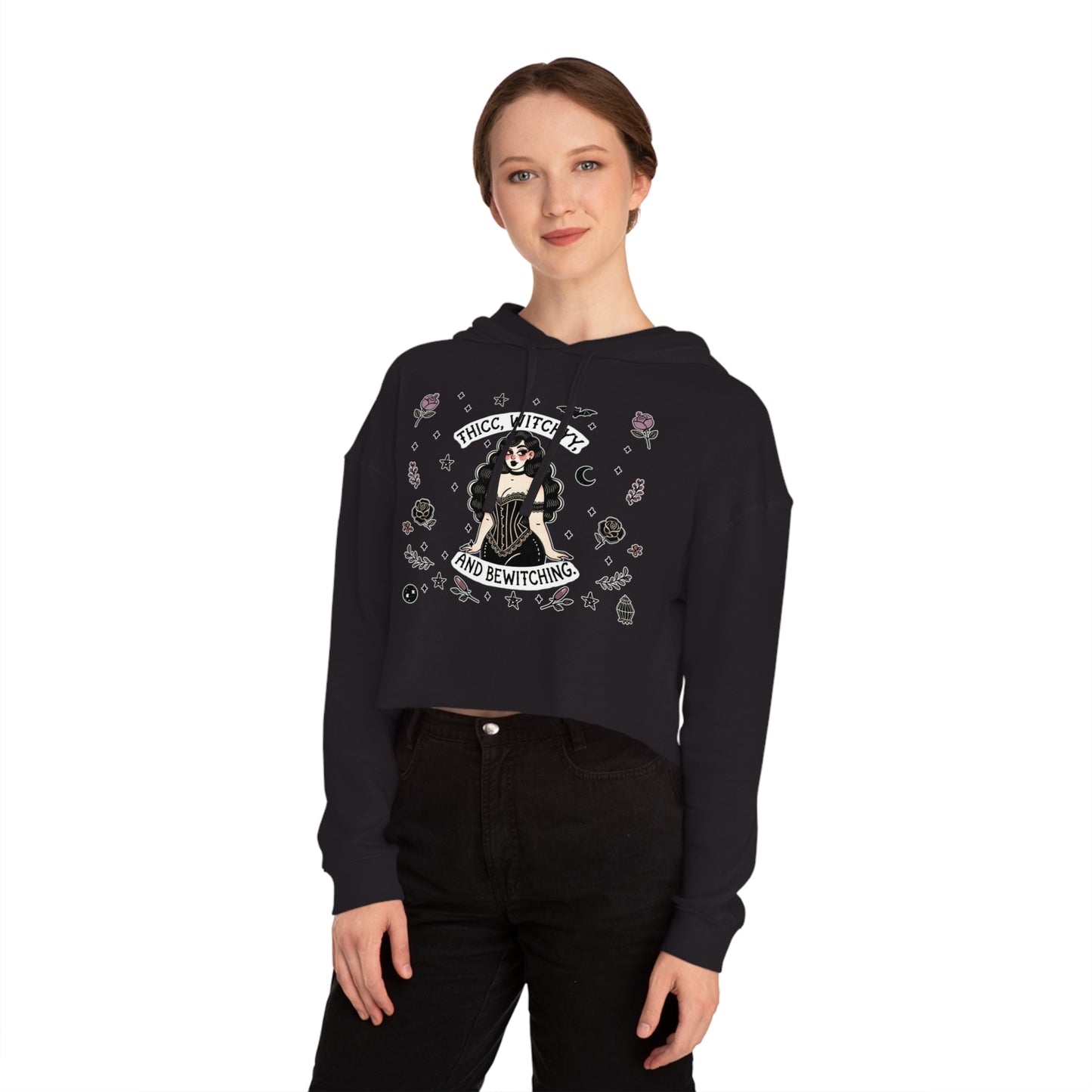 🌙 “Thicc Witchyy” Cropped Hooded Sweatshirt — cropped, curvy, and conjuring chaos 🖤🕯️✨