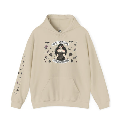 🔮“Thicc Witchyy” Unisex Heavy Blend™ Hooded Sweatshirt — curvy, cursed, and casting chaos 🖤🕯️🌙✨