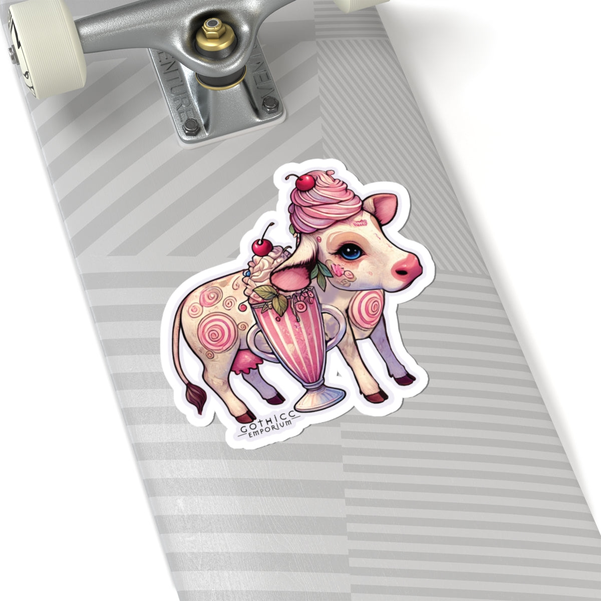 “Milkshake Cow” Kiss-Cut Sticker — dairy-core chaos with spooky-sweet sass 🐄🍓🖤✨