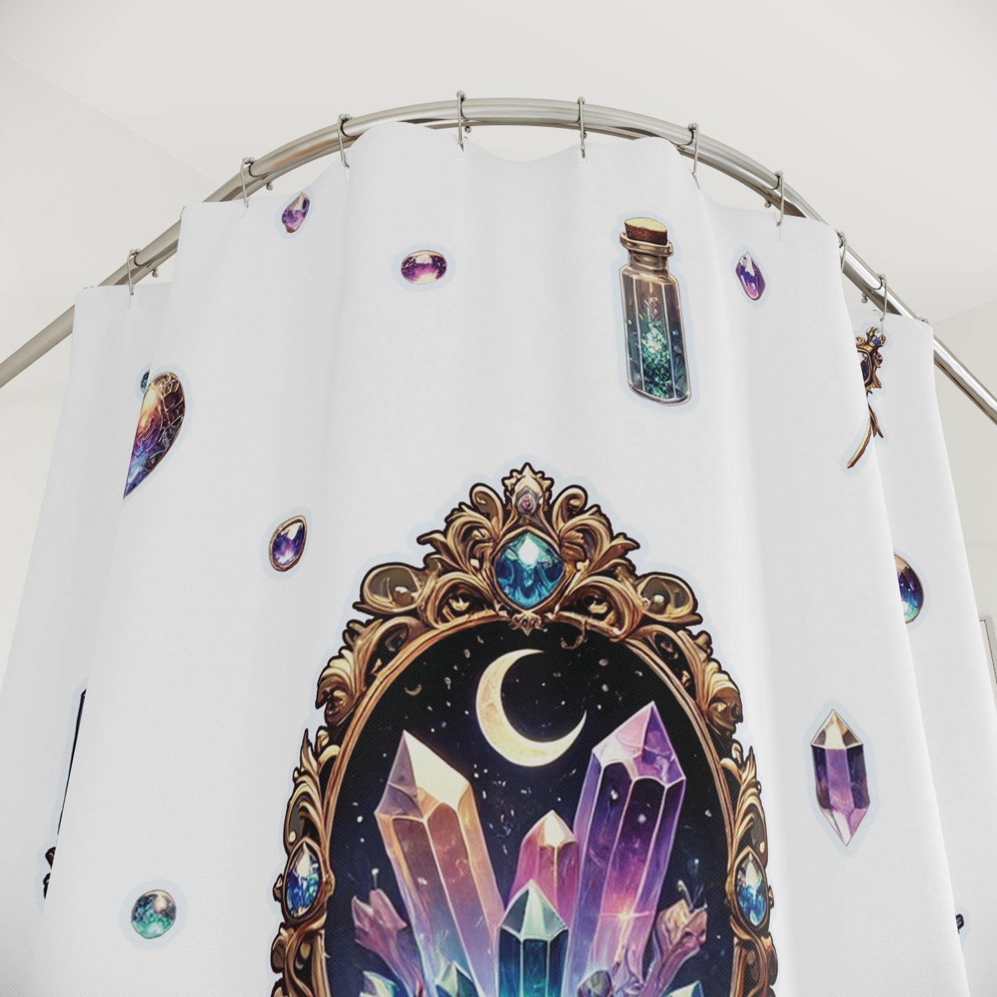 “Crystal Gem” Shower Curtain in White — sacred sparkle, bathroom witchery, and moody glam 💎🖤🚿✨