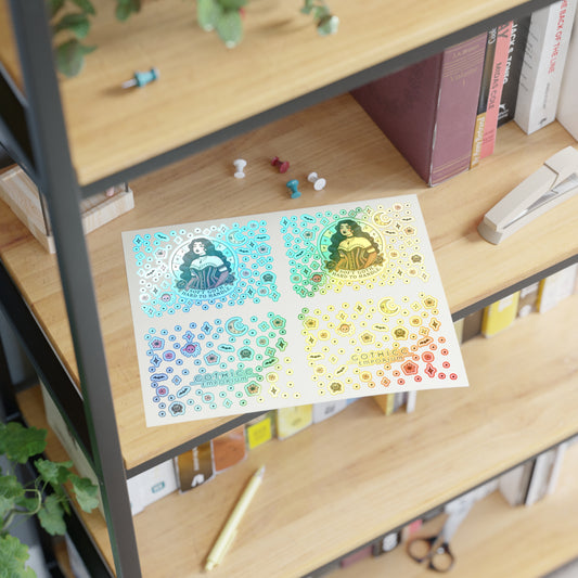 “Soft Goth” Holographic Sticker Sheet – 11x8.5 — pastel chills with a holographic thrill 🖤🌸🌈🕯️